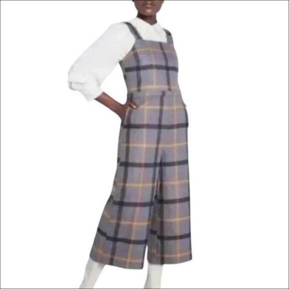 ModCloth Plaid Sleeveless Cropped Leg Jumpsuit Gray, Navy, Yellow Size XS - Picture 1 of 9